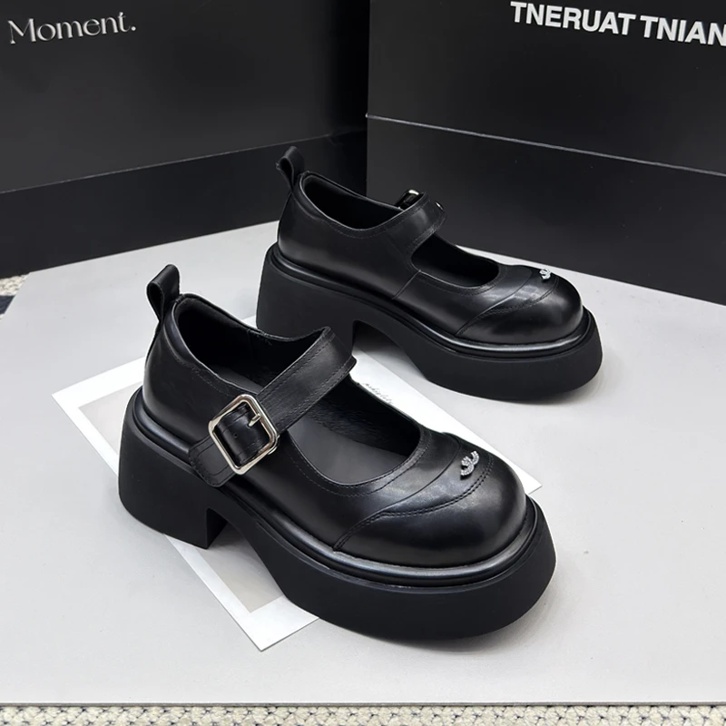 910-1真皮爆款玛丽珍单鞋女厚底增高2025年新款水钻粗跟小皮鞋