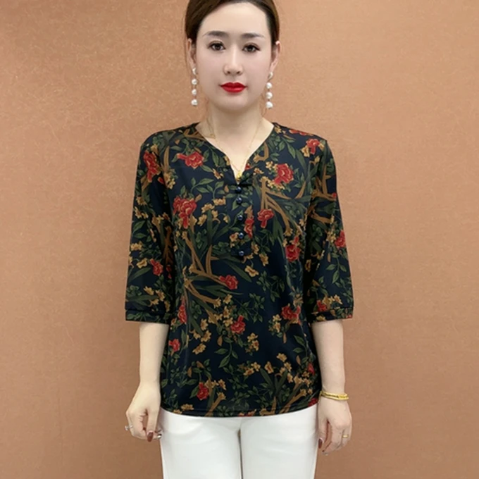 老年人上衣夏季碎花薄款衣服春秋夏装短袖新款奶奶款上衣t恤女