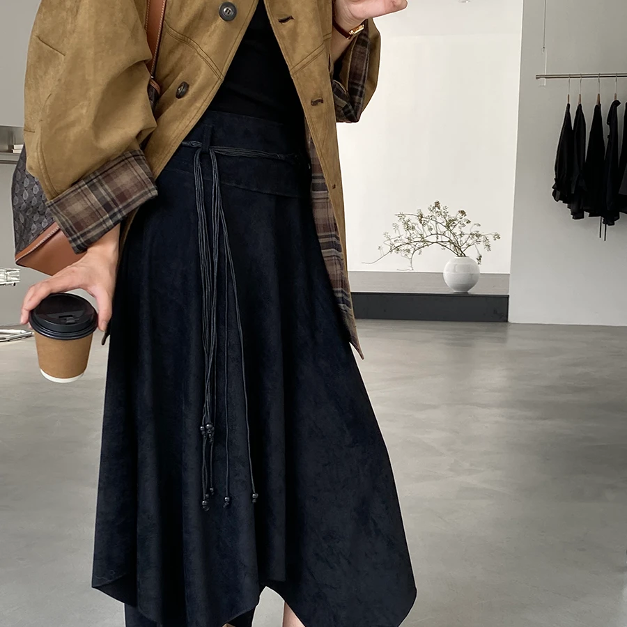 复古高腰麂皮绒不规则半身裙女2025秋新款小个子中长裙