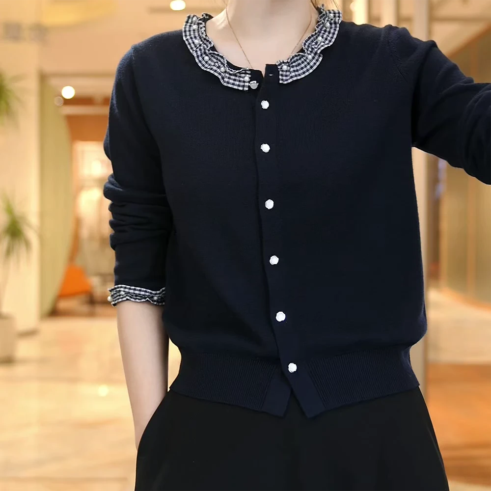 秋款上新花边针织开衫圆领长袖上衣百搭常规款C6046