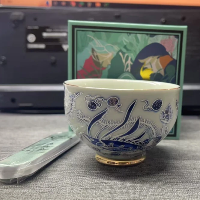 茗香瓷器 覆银鱼藻纹思缘主人杯银杯家用自用礼盒装 5132