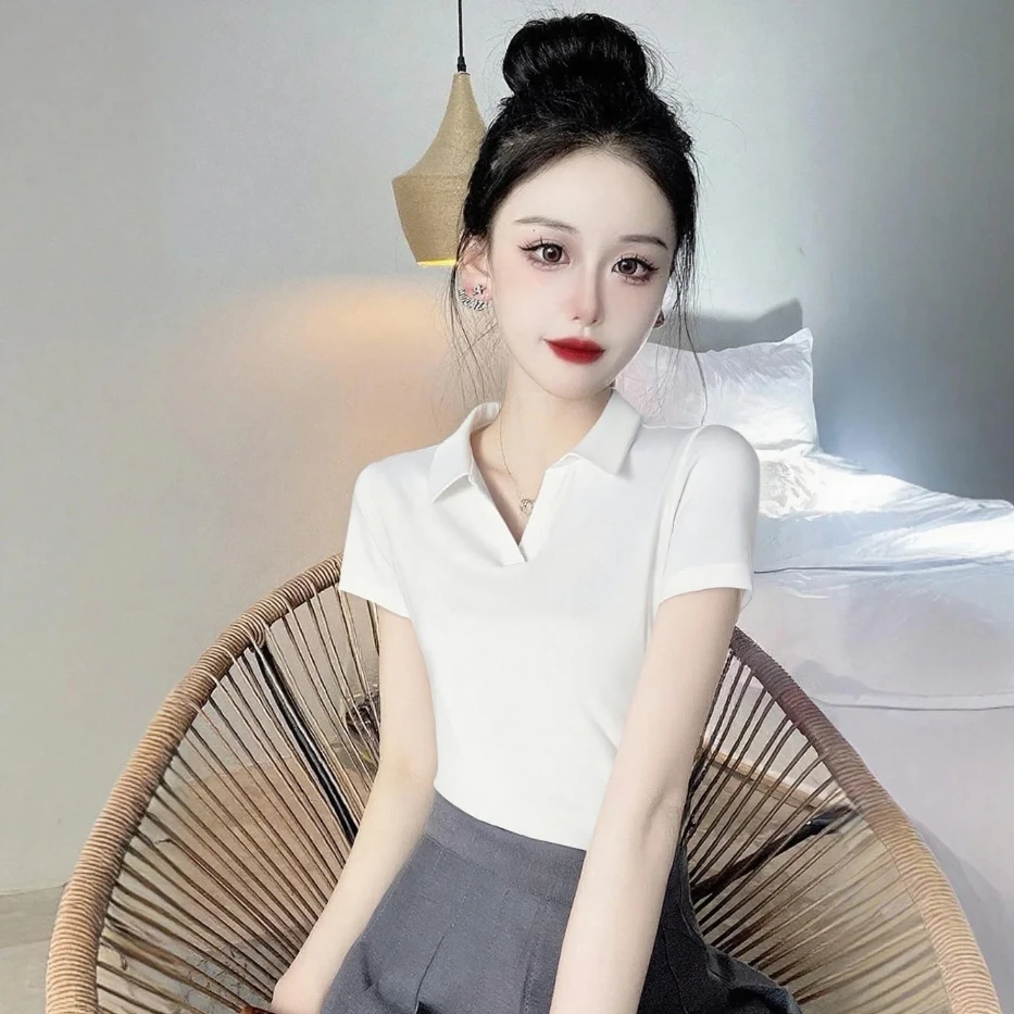 白色正肩POLO领短袖T恤女2025新款夏季显瘦修身翻领百搭小众上衣