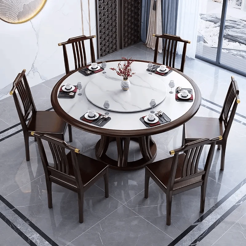 新中式岩板餐桌圆形酒店饭店别墅家用火锅桌带转盘实木大圆吃饭桌