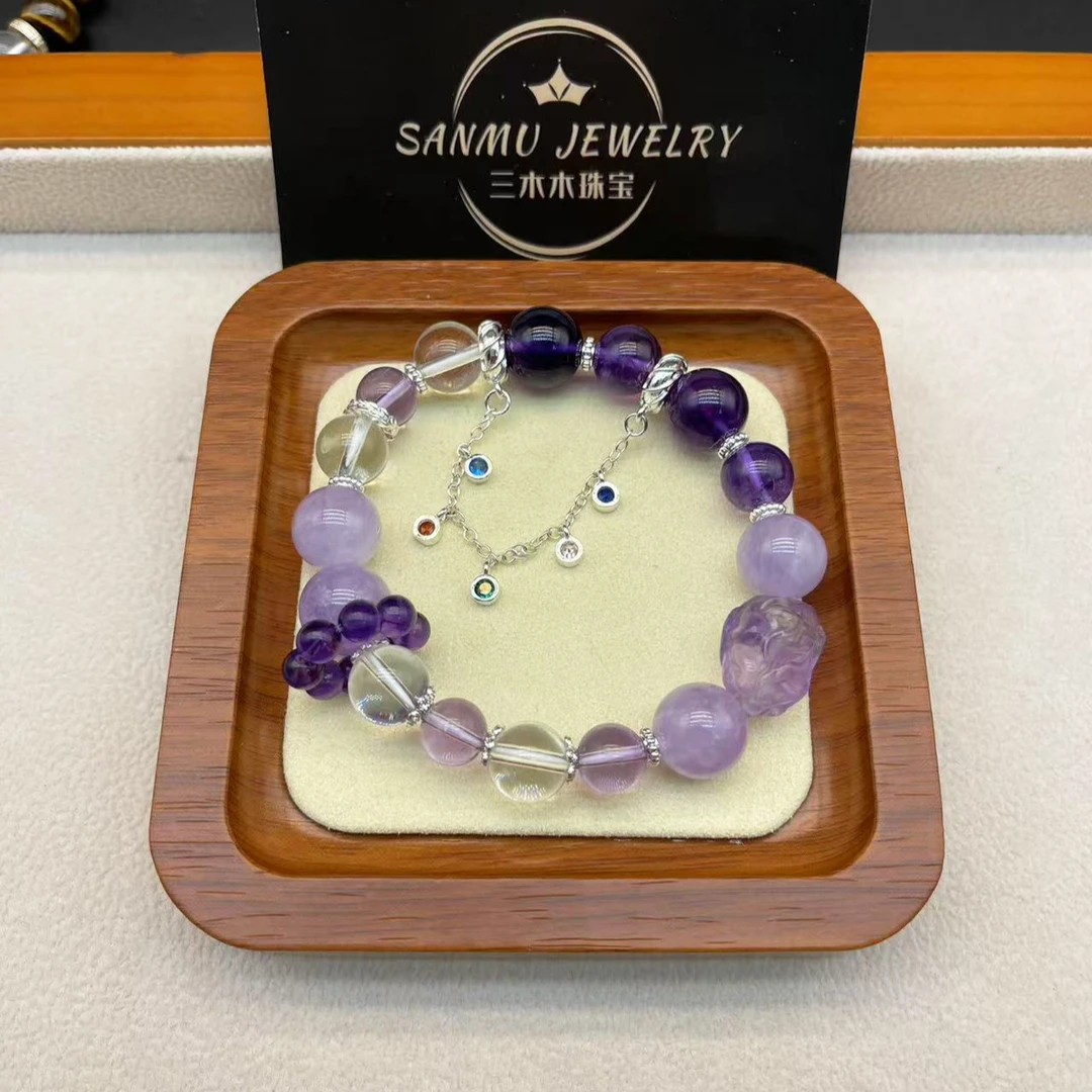43天然水晶手串紫水晶紫锂辉白水晶女生手串原创设计款