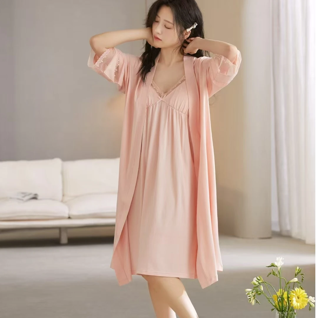 薇斯缔娜正品女士棉莫睡袍七分袖吊带外披晨袍睡裙家居裙粉两件套