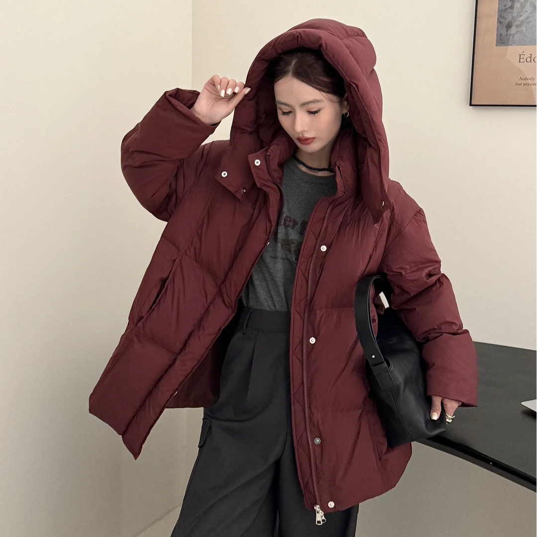 韩版连帽泡芙羽绒服女中长款欧洲站2024新款白鸭绒加厚保暖外套