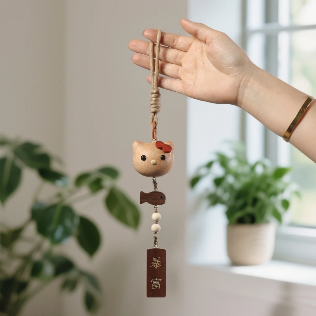 新款榉木kt猫暴富车挂创意木雕拼接随身携带礼品可爱kt猫挂件
