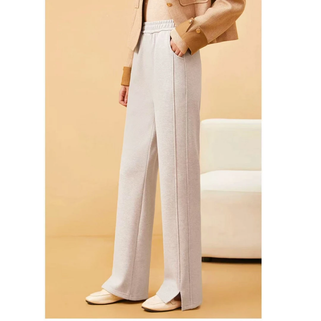 2024秋冬新款松紧腰休闲裤加绒时尚显瘦直筒裤女裤子251183长100