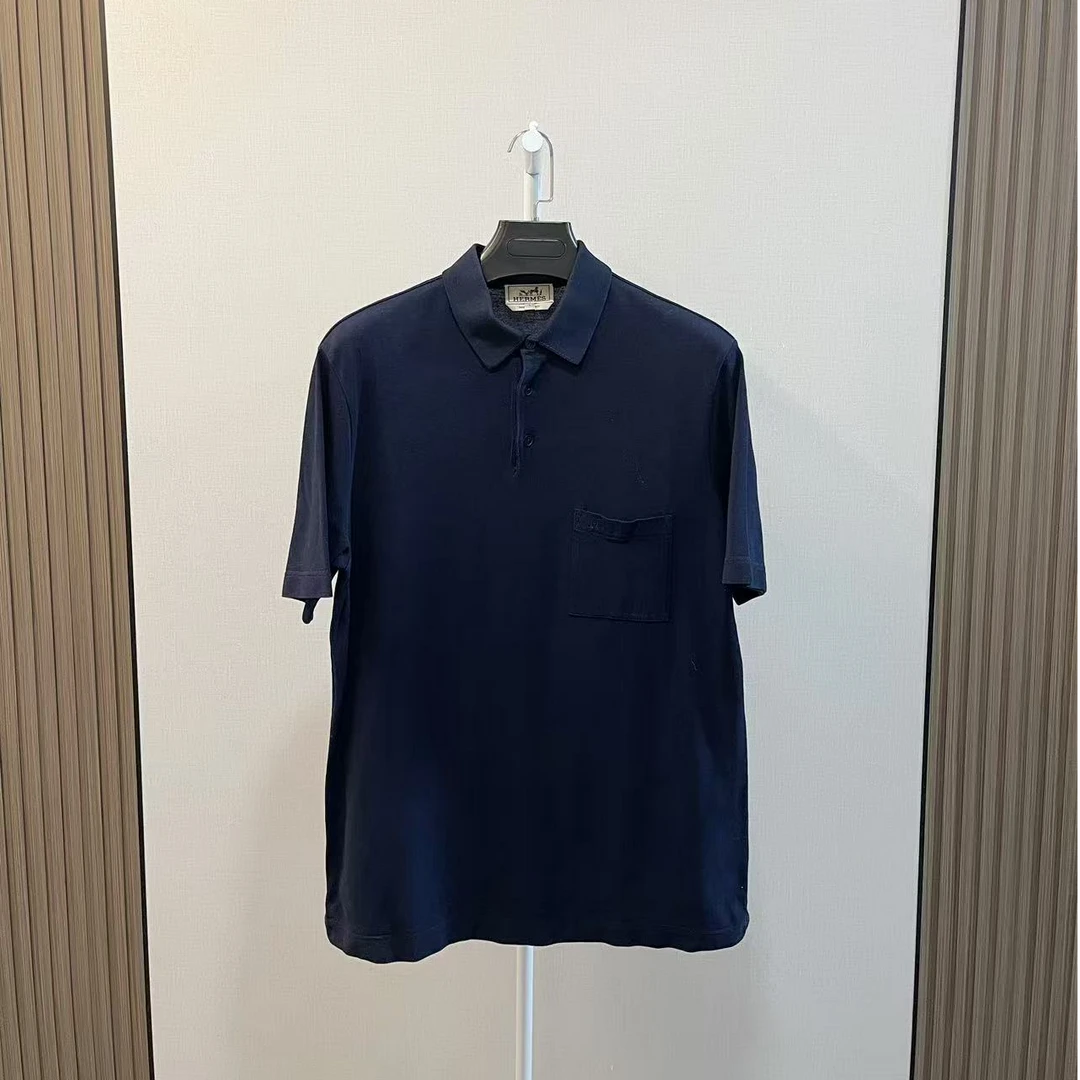 99新 Hermes/爱马仕 /藏蓝色口袋刺绣小logo休闲短袖polo/尺码L
