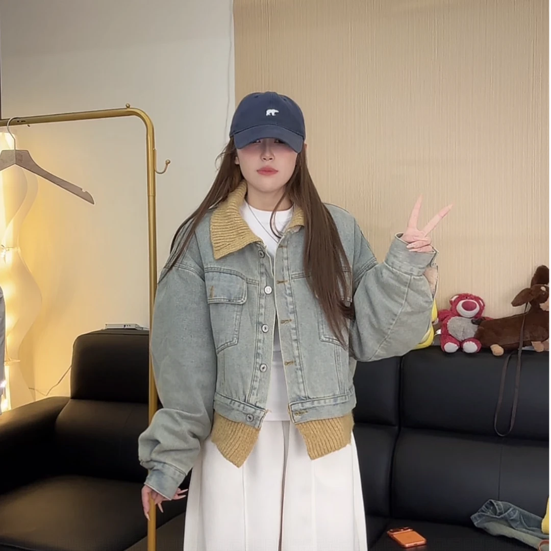 美式复古慵懒风撞色翻领牛仔外套女秋冬加绒新款小众休闲风上衣潮