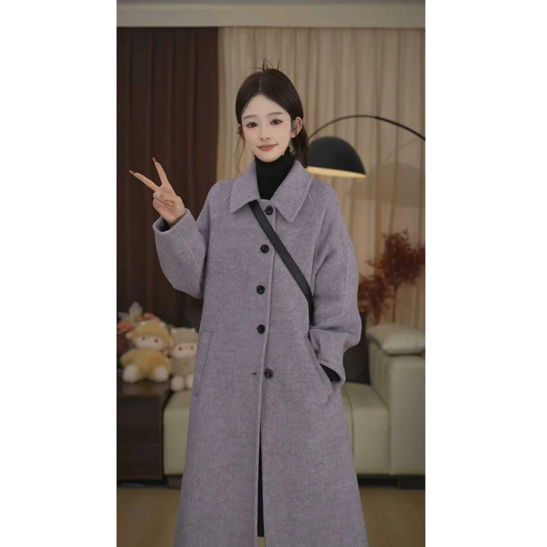2025秋冬新品复古气质英伦风加厚保暖百搭宽松毛呢外套双面羊毛