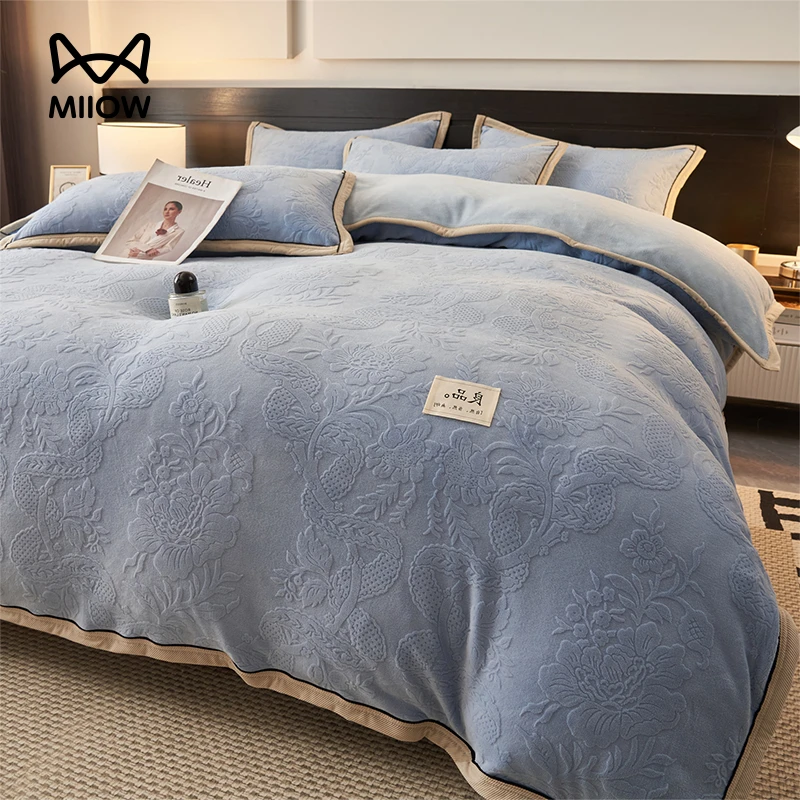 猫人秋冬牛奶绒床上四件套加厚保暖珊瑚绒被套床单三件套床笠床品