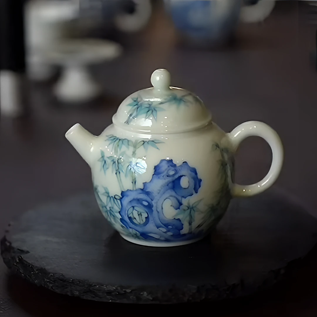 景德镇全手工手绘斗彩竹子小茶壶