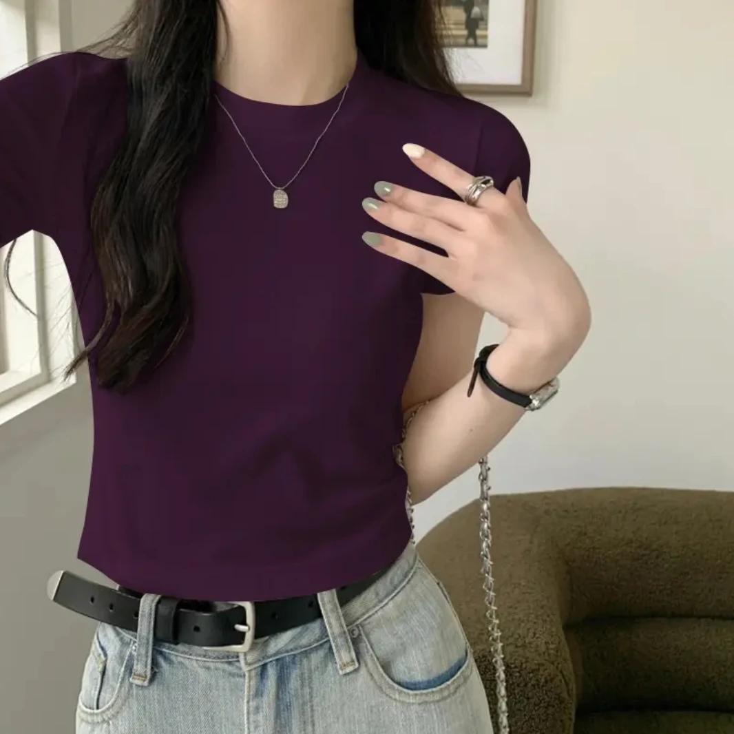 【葡萄紫】小个子专属正肩t恤女生短袖夏季独特高腰圆领简约热辣