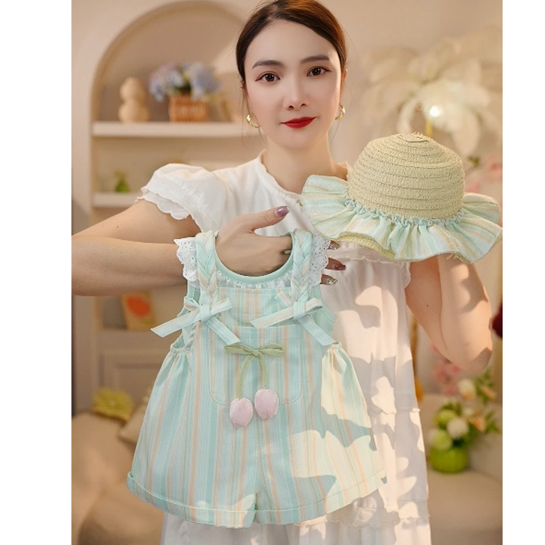 2025年夏季新款女小童绿色可爱麻花辫郁金香花边背带裤套装031