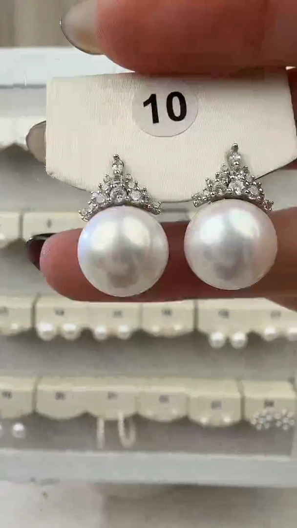 银S925镶嵌耳饰淡水珍珠恰*12-13mm冰雪女王耳钉