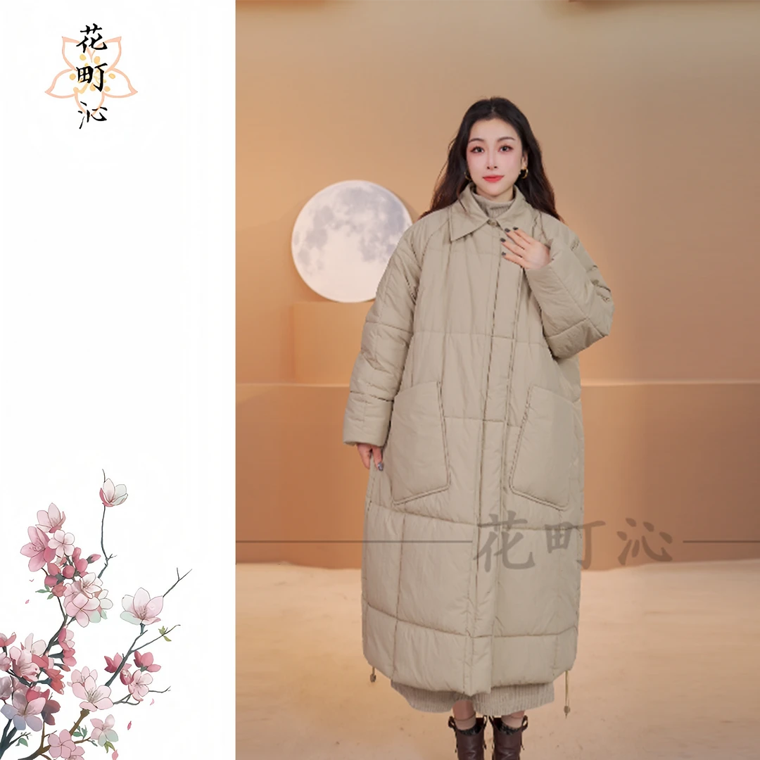 5588 春款上新时尚宽松中长款保暖休闲防风过膝女士纯色大兜棉服