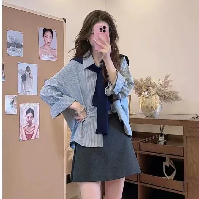 韩系长袖两件套衬衫女2025新款宽松设计感小众秋装洋气外套