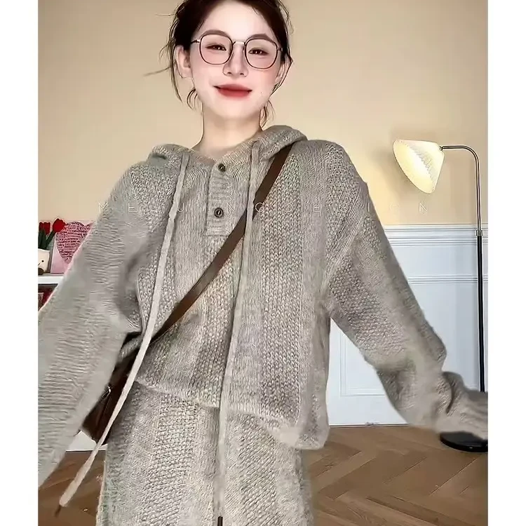 高端连帽针织套装女慵懒风秋冬针织温柔立体纹路卫衣阔腿裤两件套