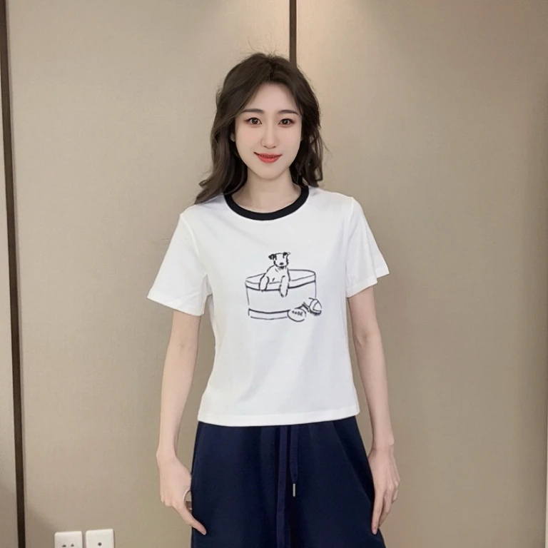印花撞色领子小狗短袖T恤显瘦时尚休闲百搭夏季圆领修身简约短款