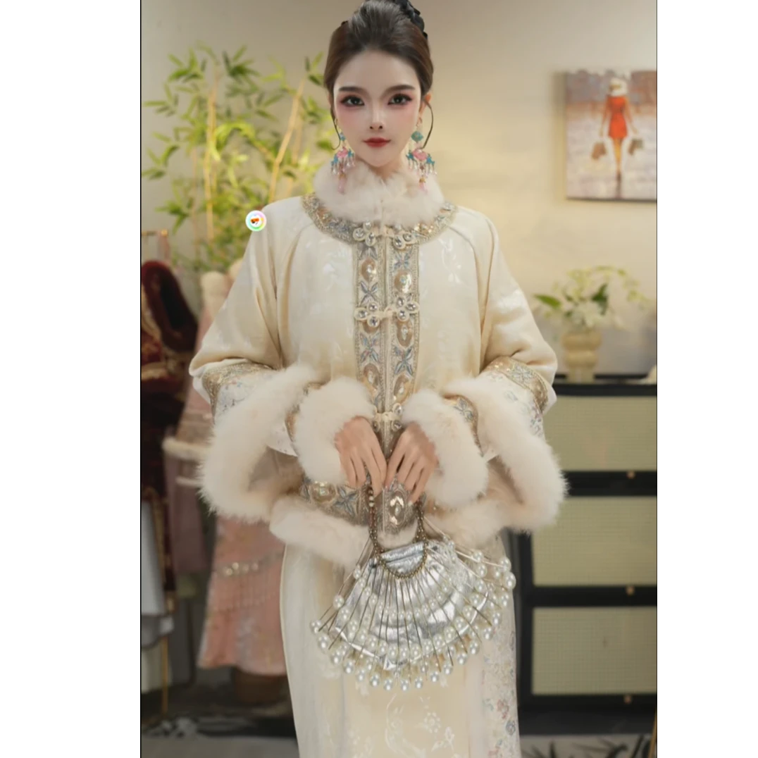 羽唐名2025冬季新款加绒复古杏色日常中式裙子套装（B025+B035）