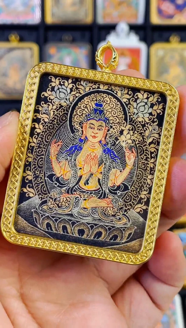 吊坠热贡纯手绘唐卡黑金卡四臂