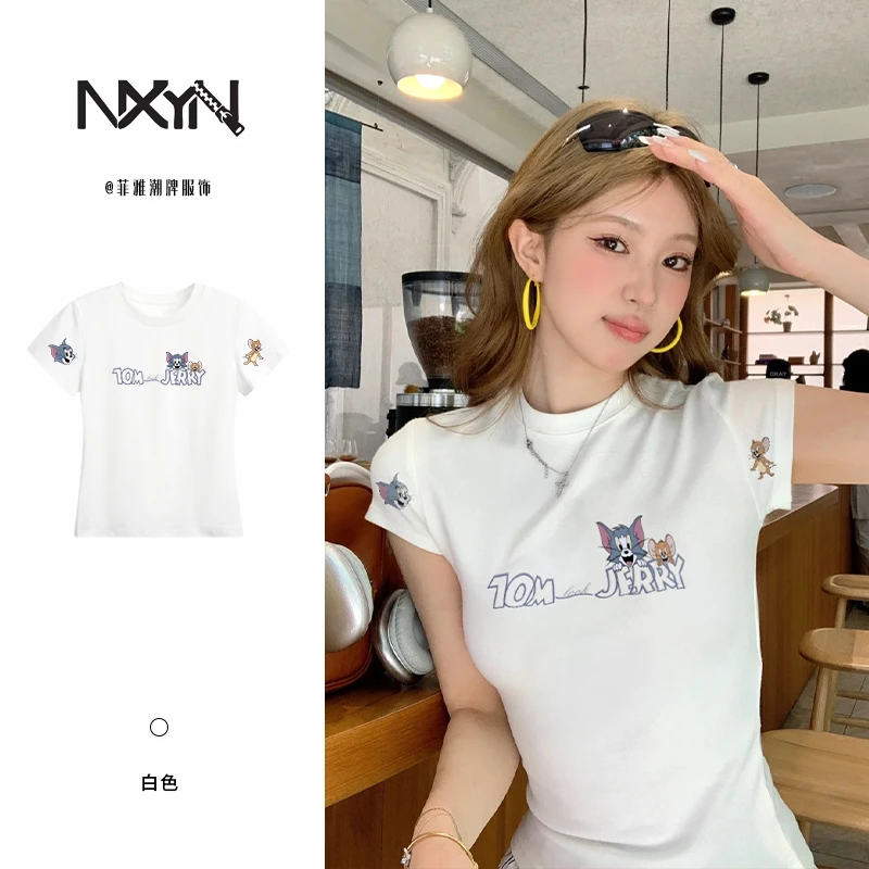 NXYN夏季新款百搭上衣白色显瘦短袖趣味卡通印花T恤圆领修身t恤女