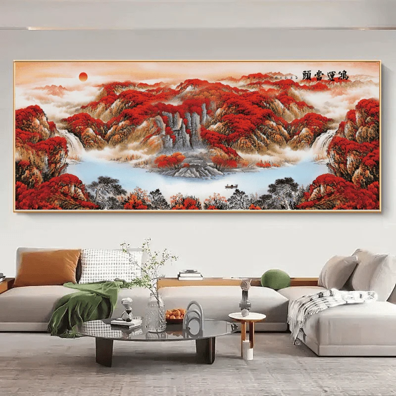 客厅装饰画沙发背景墙新中式办公室壁画山水画现代书房挂画横版画