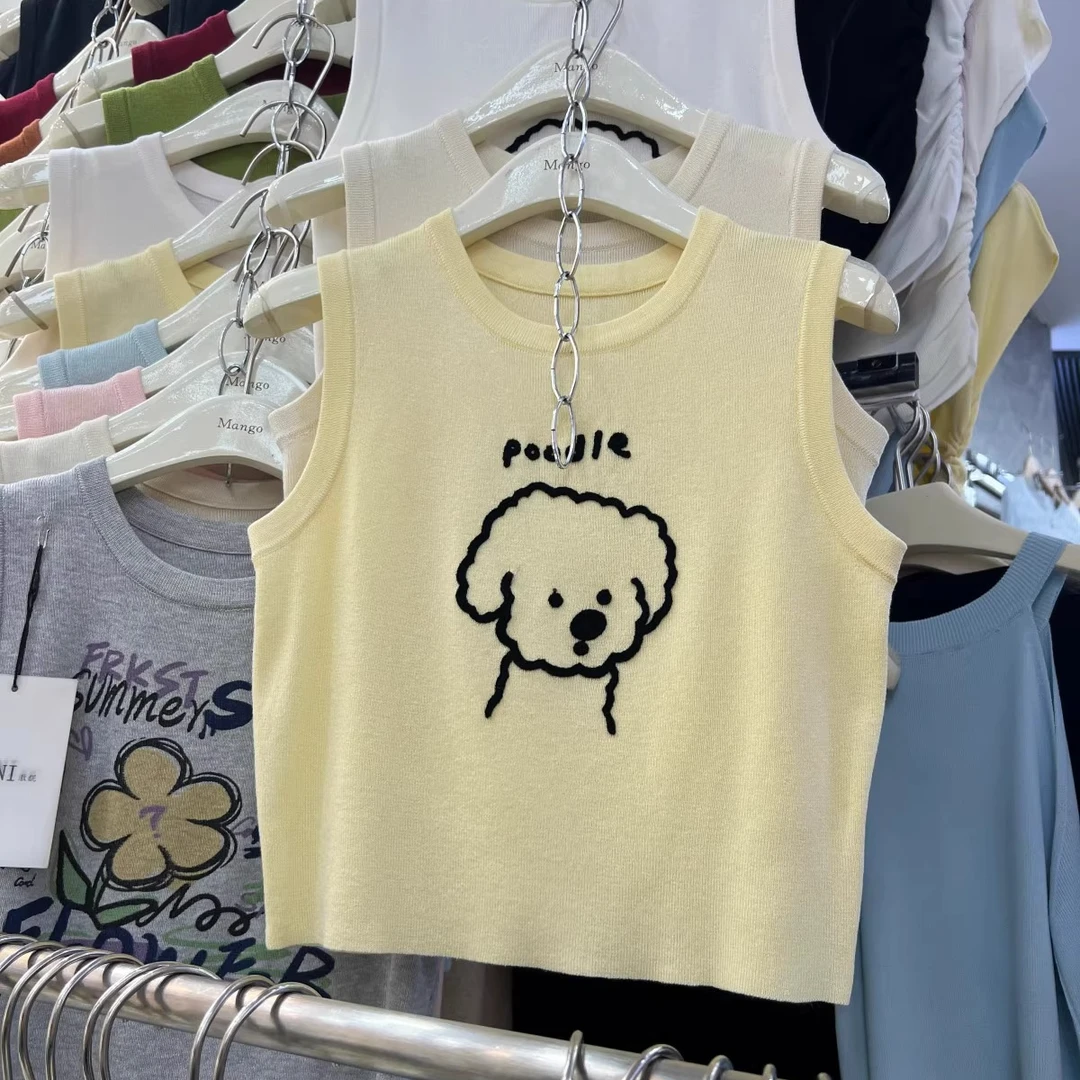 2025夏季新款卡通线条小狗印花无袖针织马甲女百搭简约吊带背心