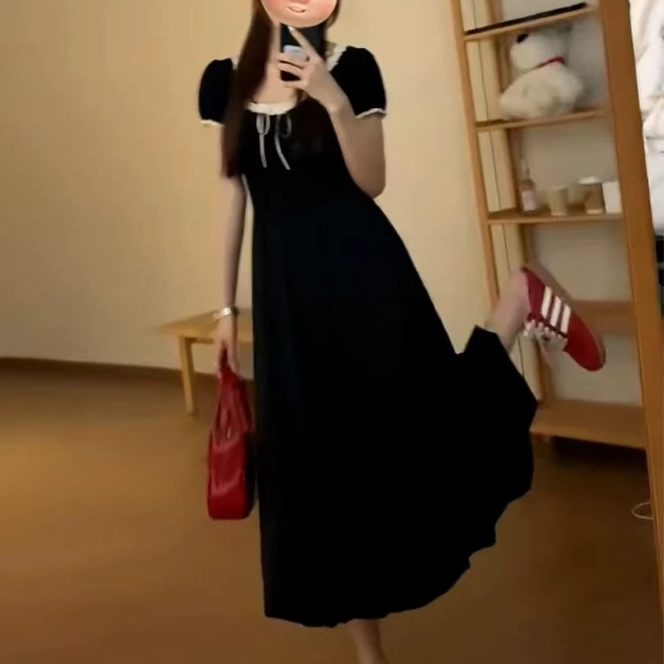 蓬蓬小黑裙产后哺乳连衣裙外出夏季时尚温柔设计感孕妇装喂奶裙子