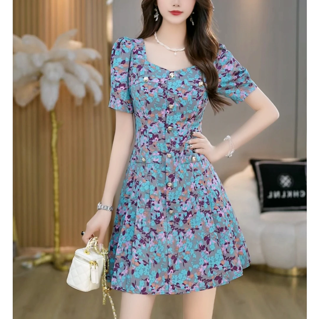 【扶夏】法式方领简约气质洋气收腰显瘦连衣裙 B5385