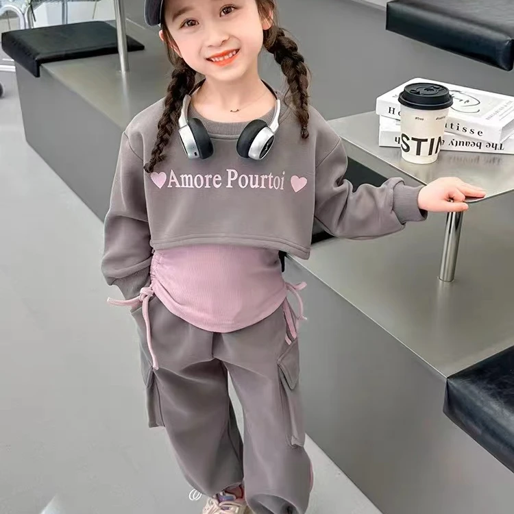 28015女童三件套时尚潮流儿童网红韩版炸街宽松洋气女孩春款套装