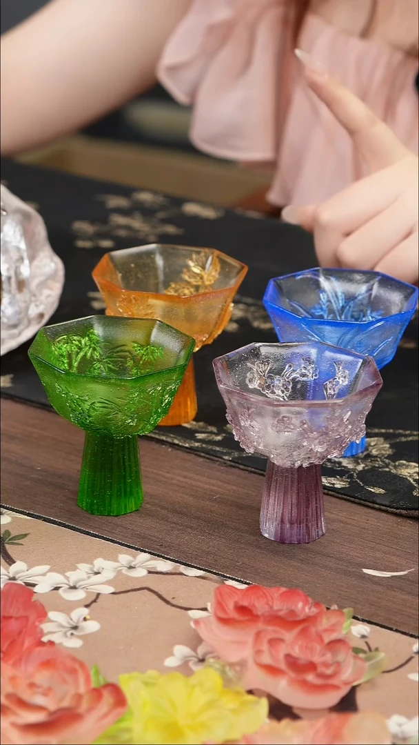 琉璃手工艺品素*梅兰竹菊高足茶盏一套