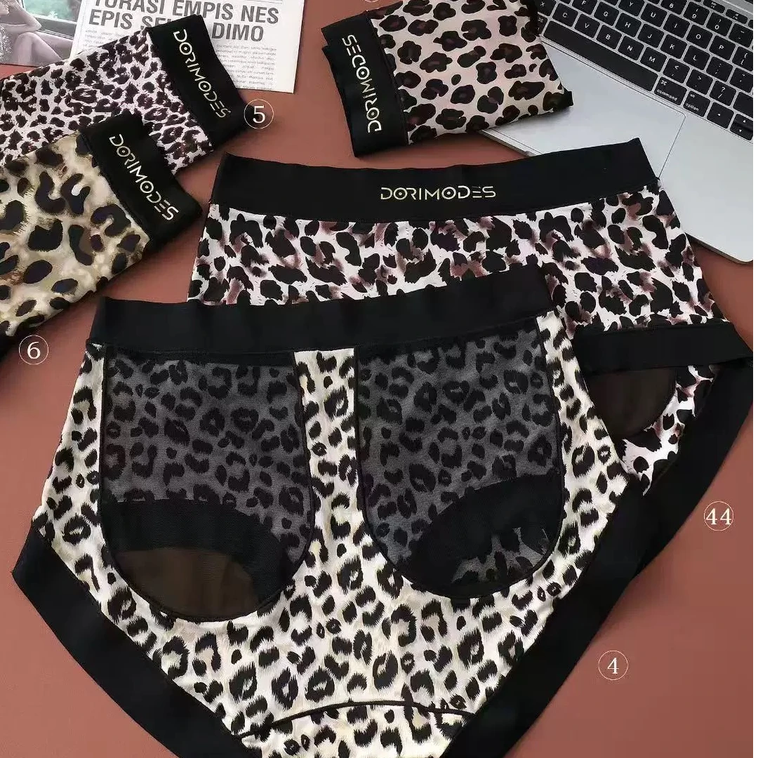 冰丝无痕舒适透气豹纹中高腰拼接网纱女士性感三角内裤