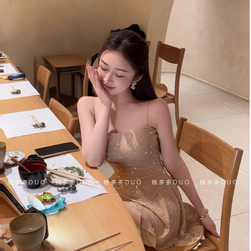 party甜辣小礼裙高级感重工烫钻超闪短裙不规则吊带连衣裙包臀裙