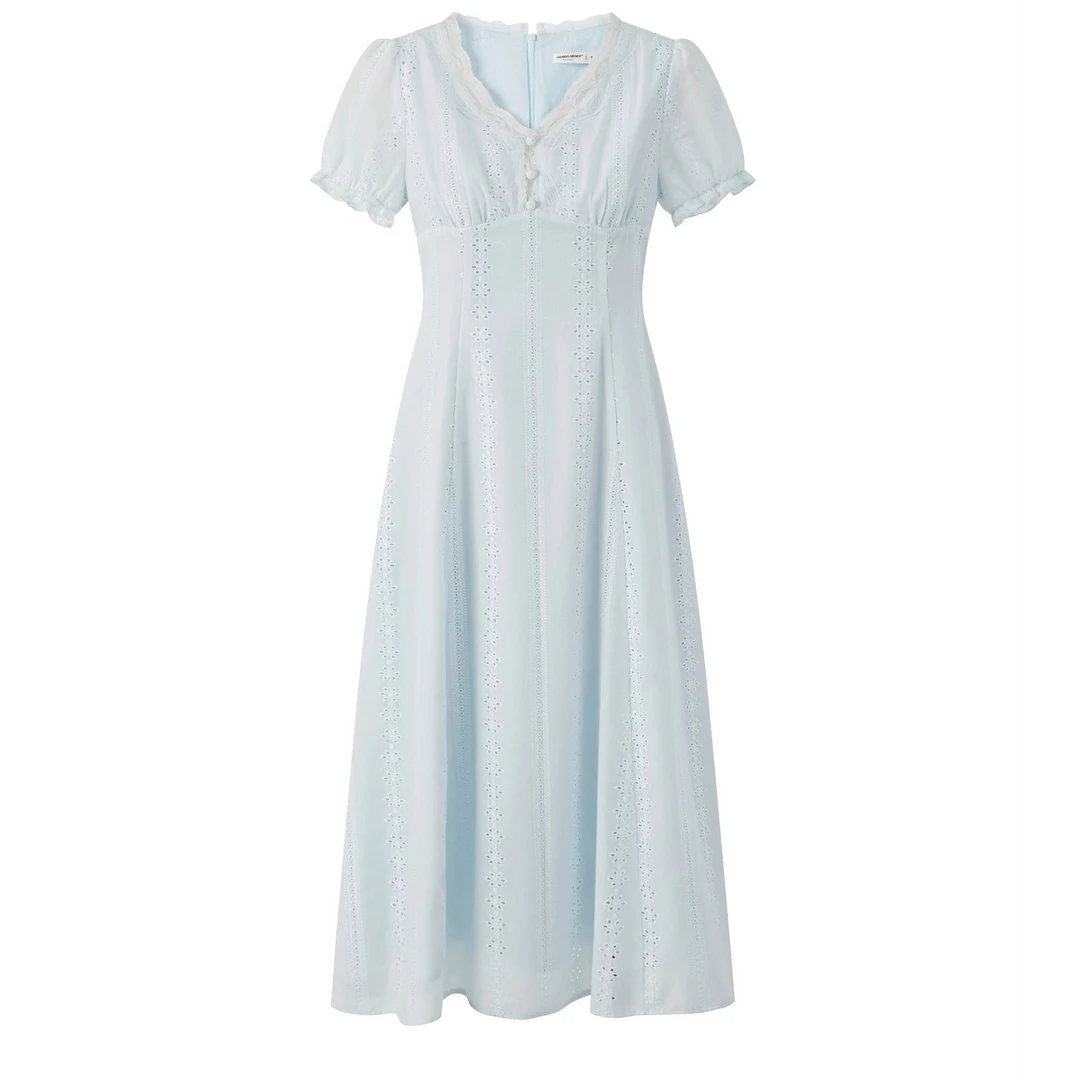 羊城故事-法式浅蓝色刺绣泡泡短袖连衣裙蕾丝收腰长裙Y50751646