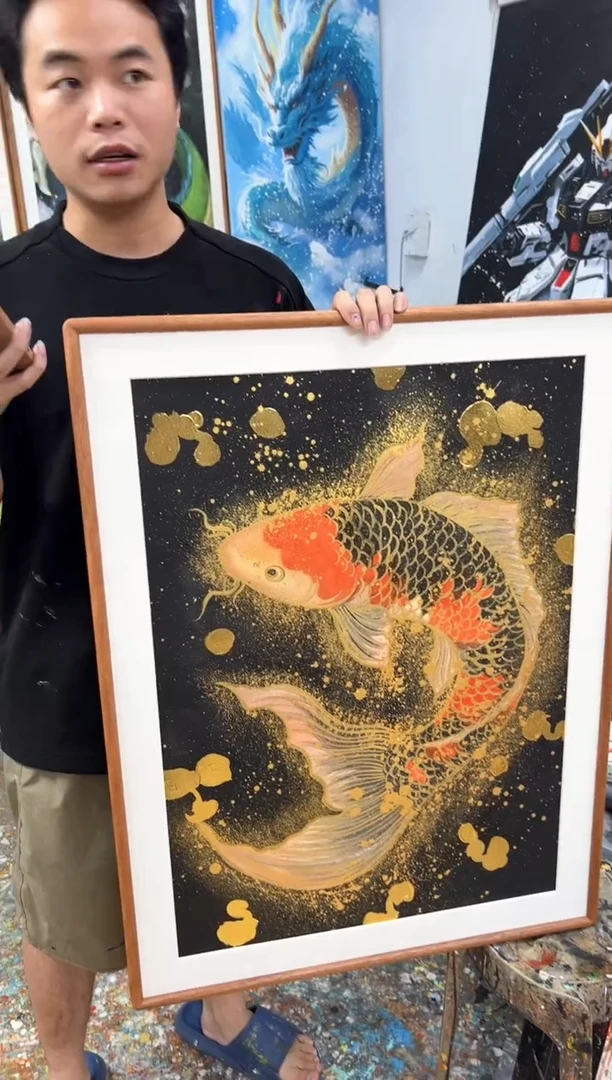 丙烯画老****画懒羊羊老师锦鲤精装裱