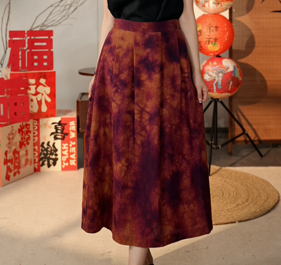 【UU大漂亮】2025春季新品桑蚕丝红云纱扎染两面穿半身裙2113-18