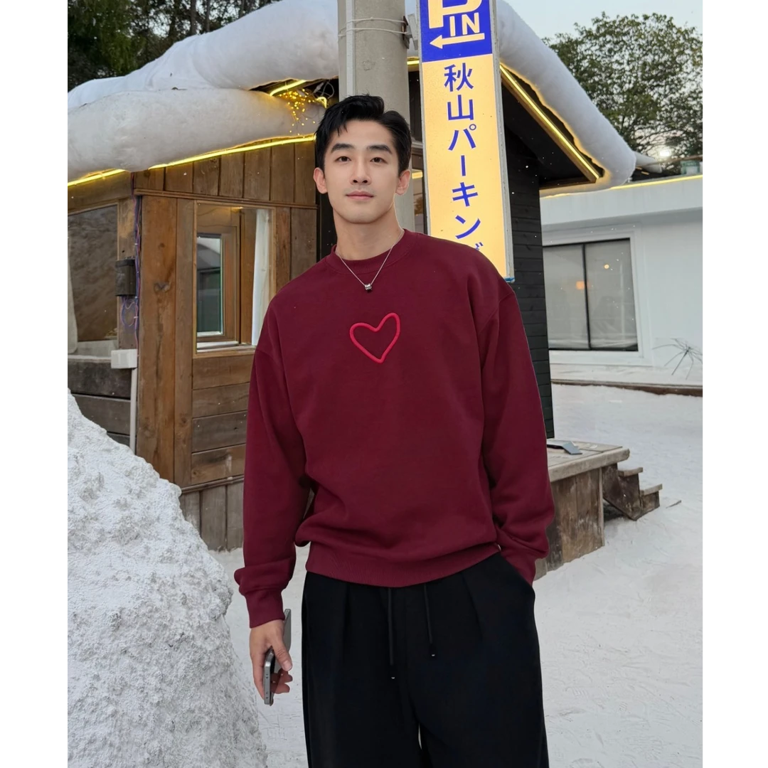 博衣社【彩色爱心加绒卫衣】冬季新品休闲简约立体刺绣圆领长袖卫衣