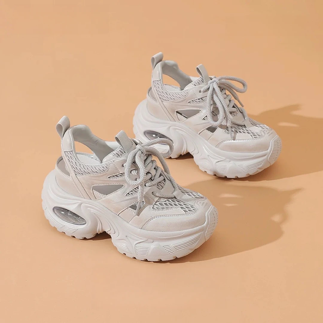 厚底内增高镂空网面透气老爹凉鞋女2025夏季运动休闲鞋子