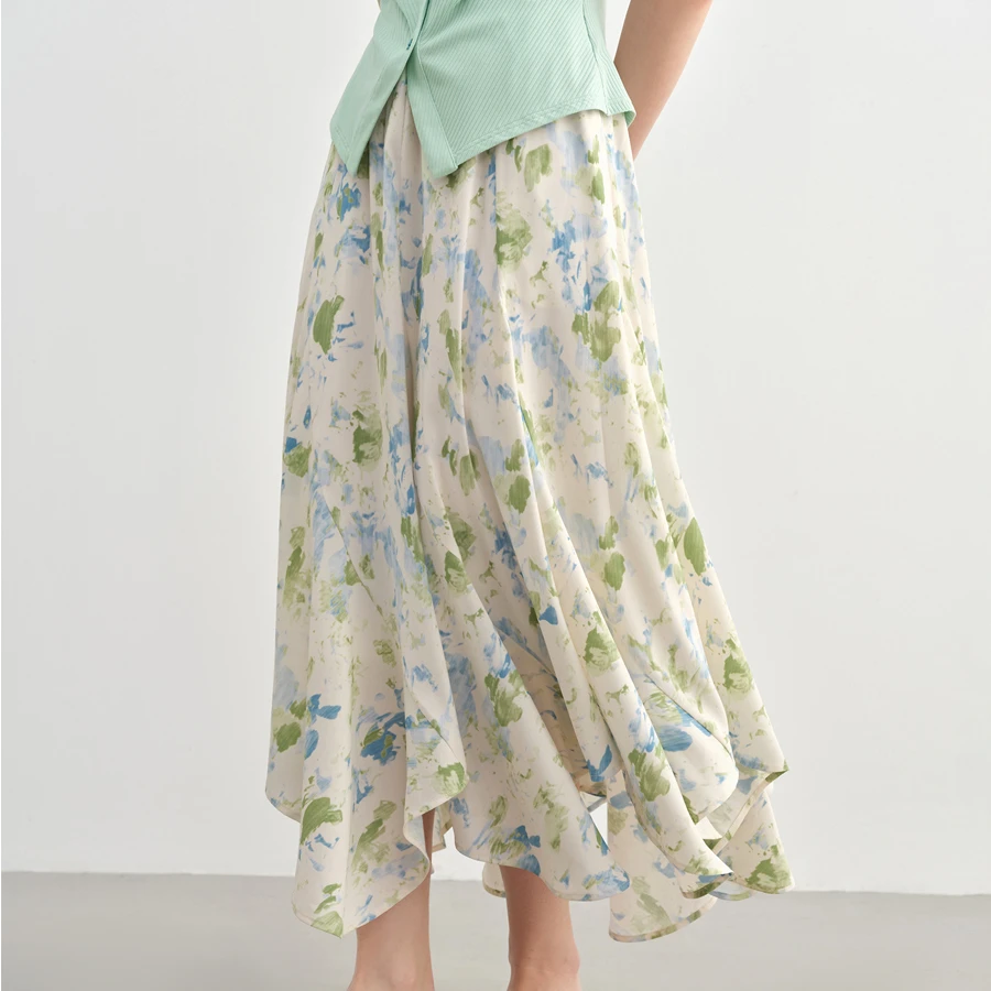 独束大码微胖碎花半身裙女松紧腰不规则下摆A字长裙25DS82559