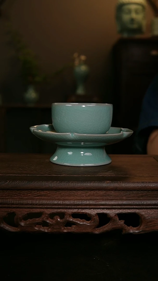 茶器仿古手工高足葵口茶盏