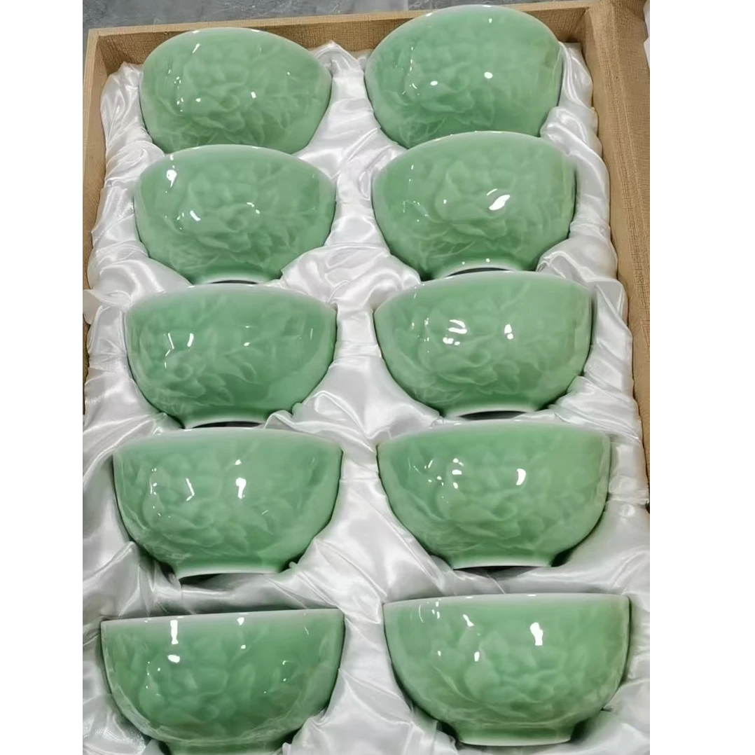 景德镇/陶瓷/龙泉青瓷牡丹纹10只碗带礼盒