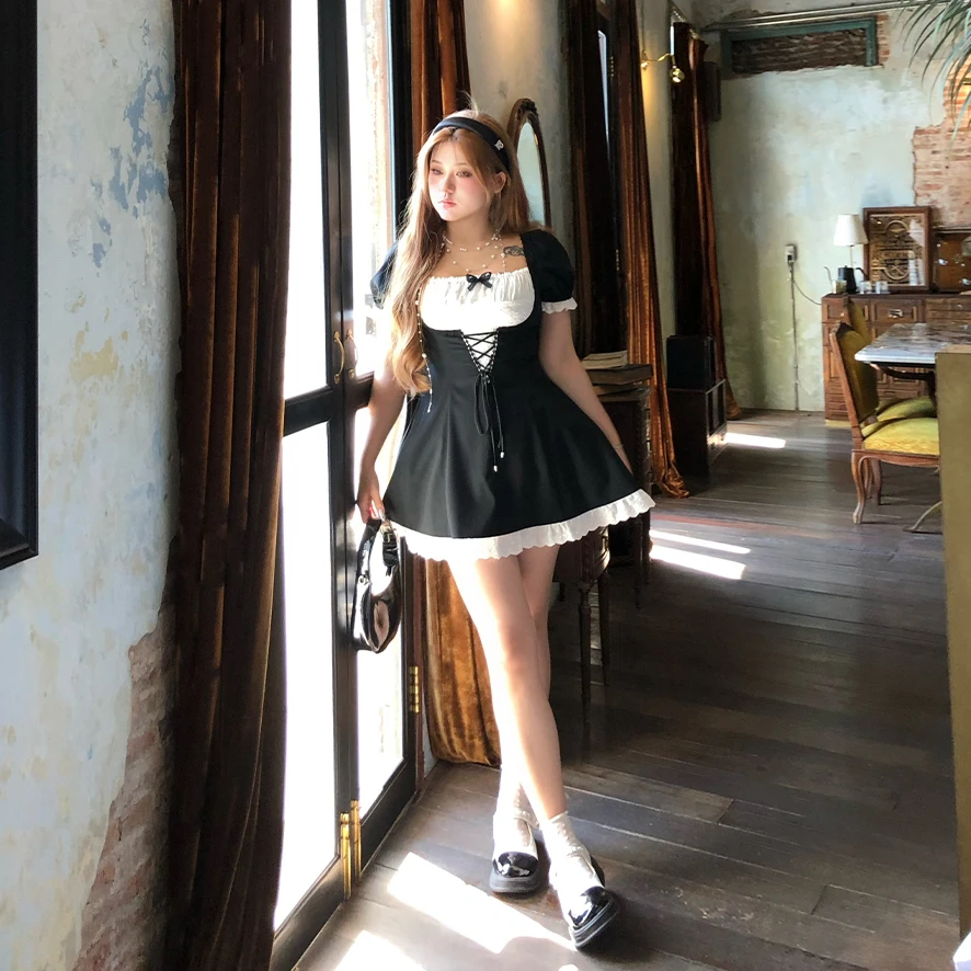 安妮不火【珐琅缀蓬裙】设计款撞色绑带收腰显瘦连衣裙A251Q0310