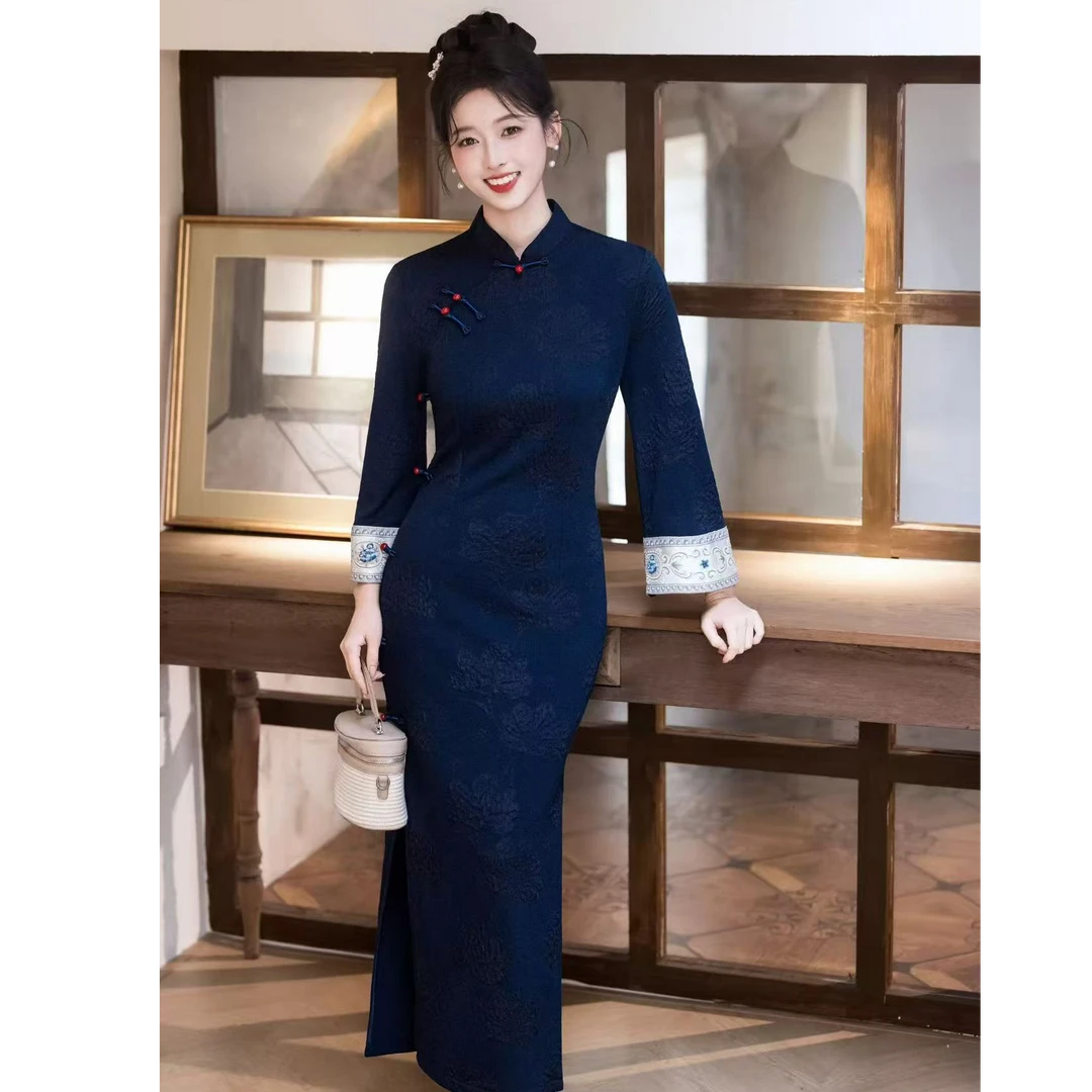 江南春【墨黛】裙长125秋冬新品单层显瘦修身复古气质显白旗袍