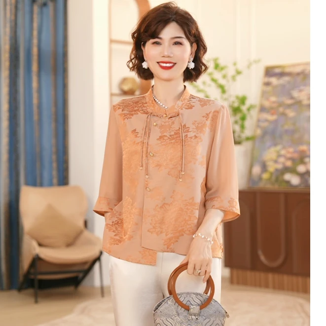 中年妈妈夏装长袖t恤洋气2025新款上衣服中老年女装衬衣