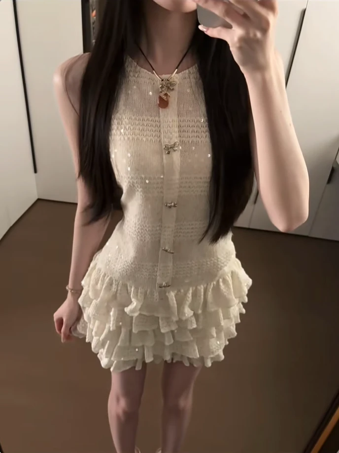 珍珠星芒 夏季新款气质甜美气质闪片无袖连衣裙洋气百搭蛋糕短裙