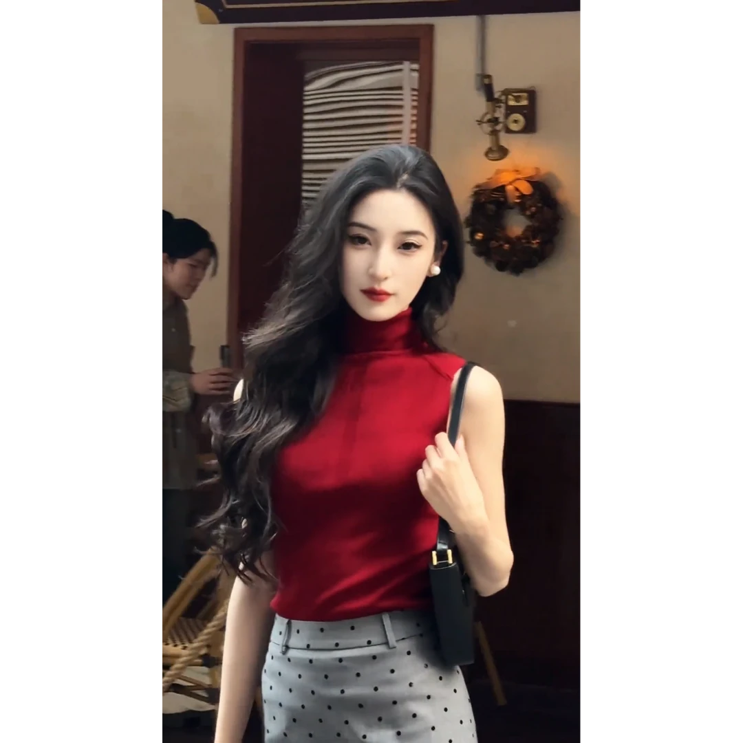 INS CEC纯欲风辣妹半高领无袖针织背心上衣春夏高腰半身裙两件套