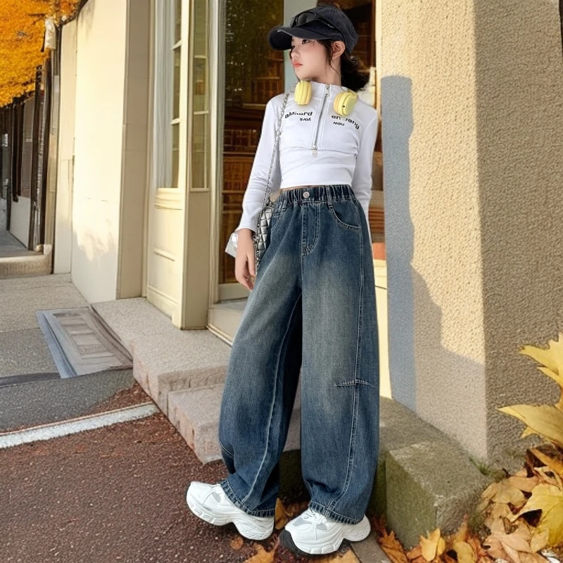 大码美式复古怀旧猫须设计感直筒牛仔裤女宽松显瘦高腰阔腿透气