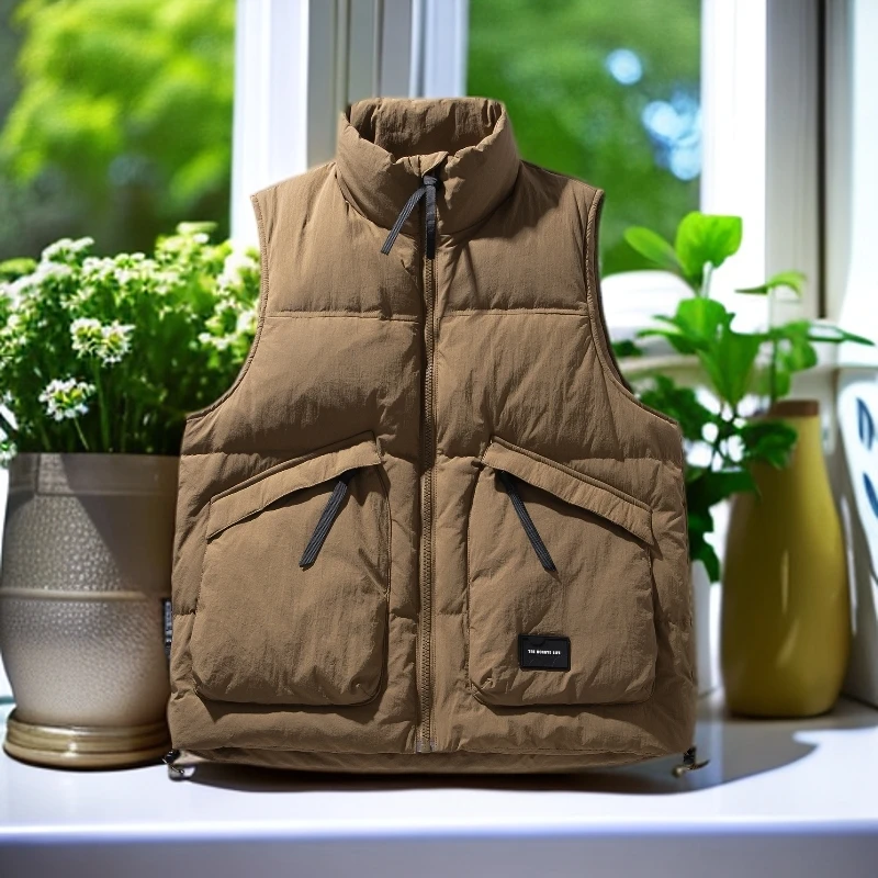 娜罗普西焦糖咖色优质鸭绒加厚羽绒马甲男士冬季保暖工装背心外套